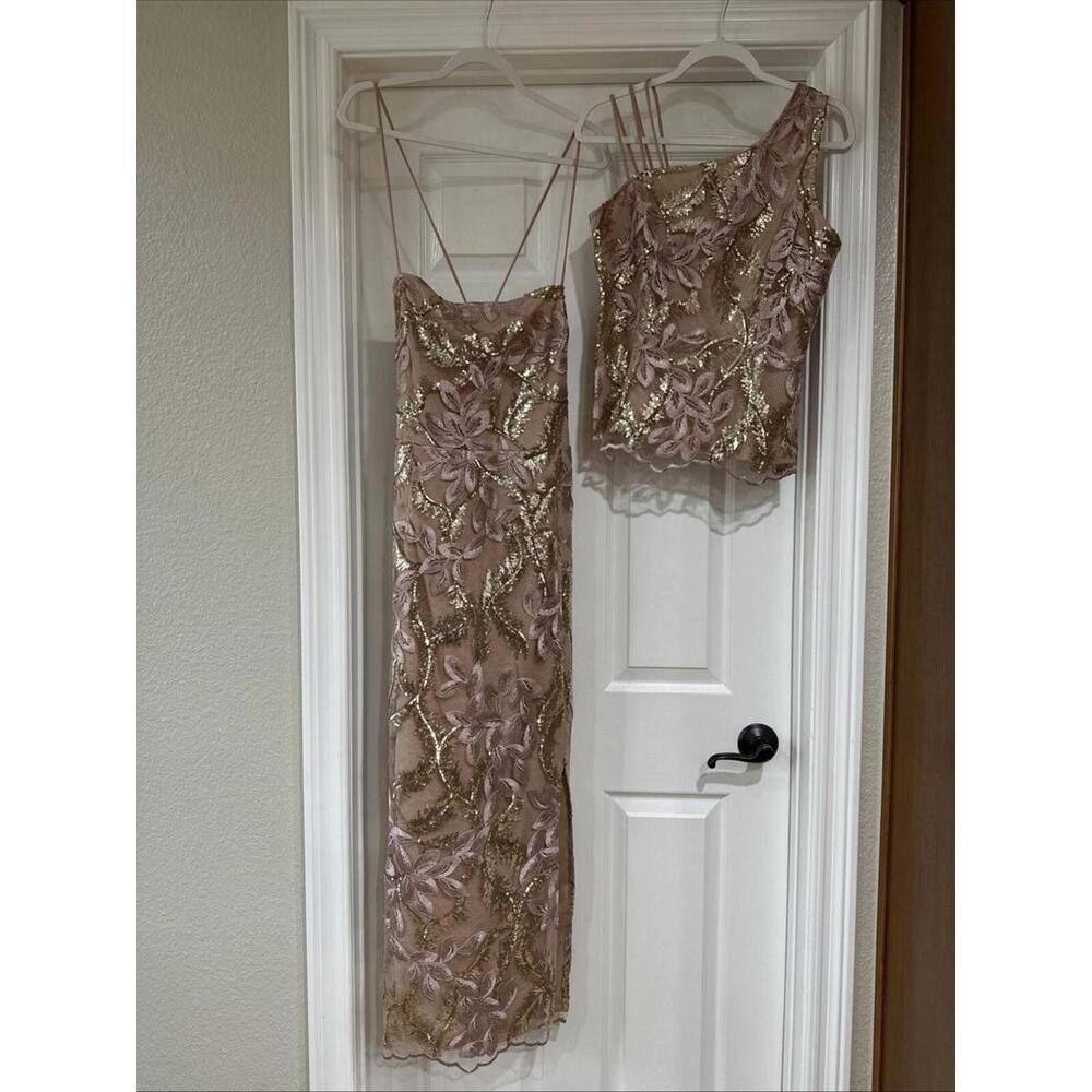 Inner Beauty Women's Large 2-Piece Formal Dress Blush/Gold Lace Sequin Lined EUC